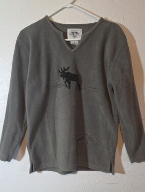 Artic Image Moose Embroidered Fleece Sweater Green Womens Size Small Vintage